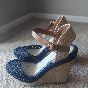 TORY BURCH ESPADRILLE WEDGE SANDALS NAVY & LINEN 6.5